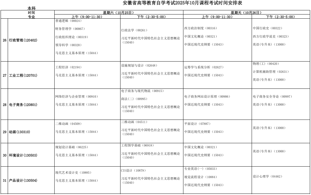 2025年10月安徽省自考考試安排 2025年10月安徽省自考考試安排