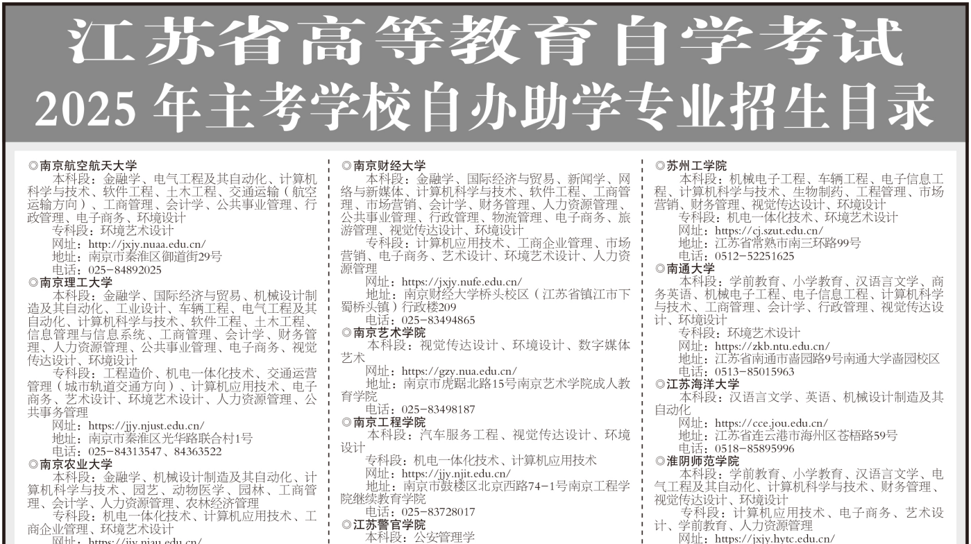江蘇省高等教育自學(xué)考試2025年主考學(xué)校自辦助學(xué)專業(yè)招生目錄
